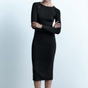 NWT Zara Black Bodycom Knit Midi Dress Sheer Side Long Sleeve Sz Small
